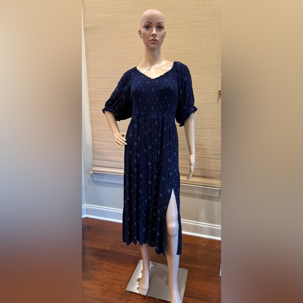 True Craft Navy & White Midi Dress With Slit